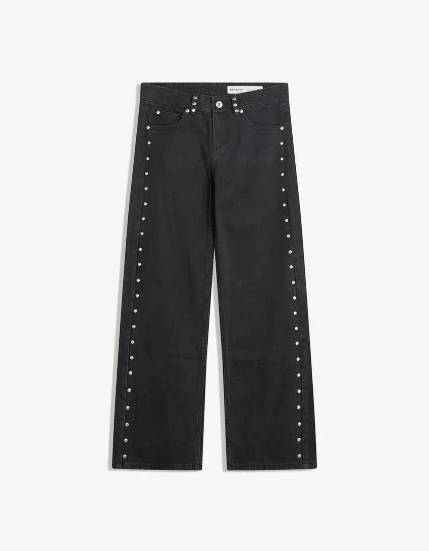 Y2K - pantalones vaqueros negros Retro para mujer, pantalón vaquero informal de moda urbana con bolsillo trasero y estrella rosa, detalle de remache lateral, pierna recta - SYN PERU