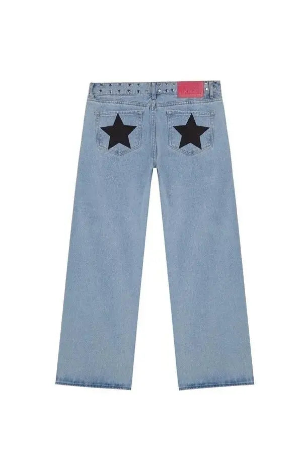 Y2K - pantalones vaqueros negros Retro para mujer, pantalón vaquero informal de moda urbana con bolsillo trasero y estrella rosa, detalle de remache lateral, pierna recta - SYN PERU
