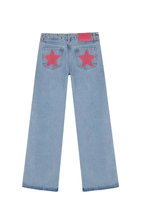 Y2K - pantalones vaqueros negros Retro para mujer, pantalón vaquero informal de moda urbana con bolsillo trasero y estrella rosa, detalle de remache lateral, pierna recta - SYN PERU