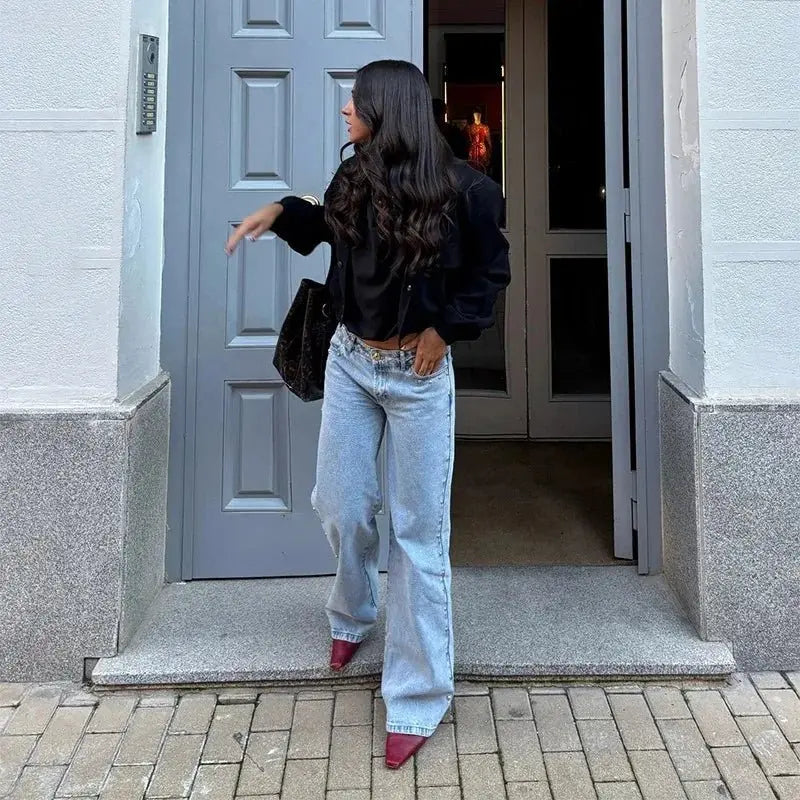 Y2K - pantalones vaqueros negros Retro para mujer, pantalón vaquero informal de moda urbana con bolsillo trasero y estrella rosa, detalle de remache lateral, pierna recta - SYN PERU