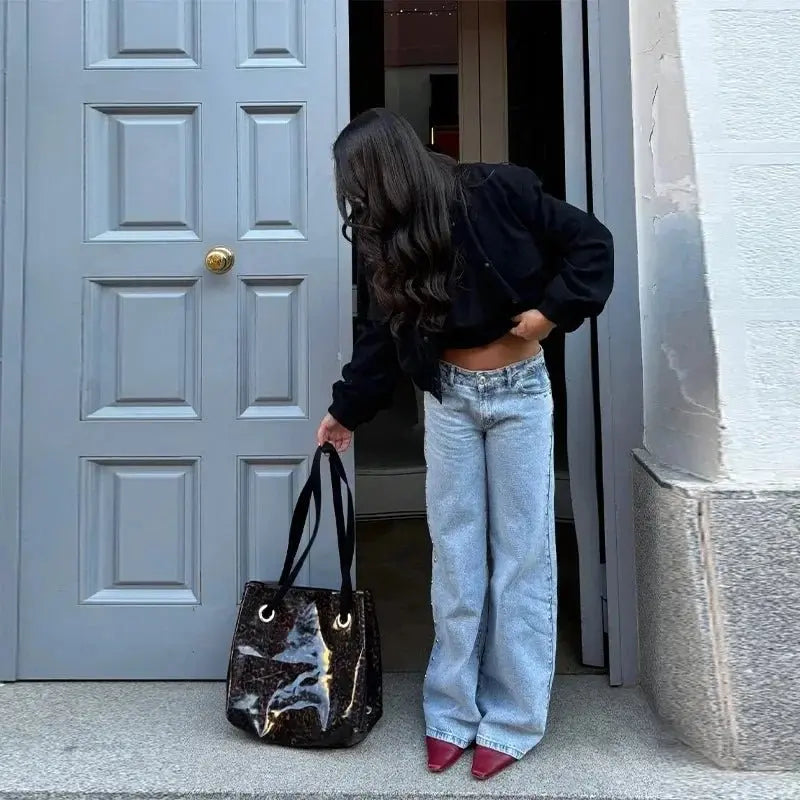 Y2K - pantalones vaqueros negros Retro para mujer, pantalón vaquero informal de moda urbana con bolsillo trasero y estrella rosa, detalle de remache lateral, pierna recta - SYN PERU