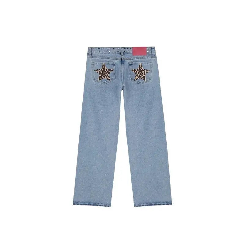 Y2K - pantalones vaqueros negros Retro para mujer, pantalón vaquero informal de moda urbana con bolsillo trasero y estrella rosa, detalle de remache lateral, pierna recta - SYN PERU