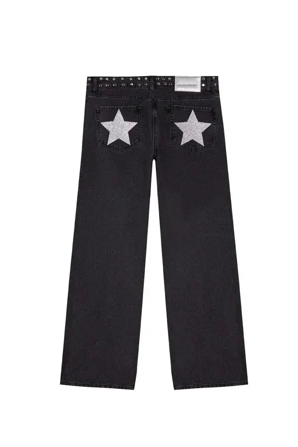 Y2K - pantalones vaqueros negros Retro para mujer, pantalón vaquero informal de moda urbana con bolsillo trasero y estrella rosa, detalle de remache lateral, pierna recta - SYN PERU