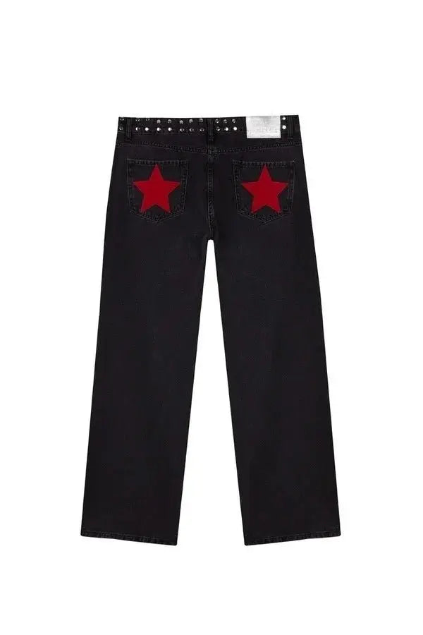Y2K - pantalones vaqueros negros Retro para mujer, pantalón vaquero informal de moda urbana con bolsillo trasero y estrella rosa, detalle de remache lateral, pierna recta - SYN PERU