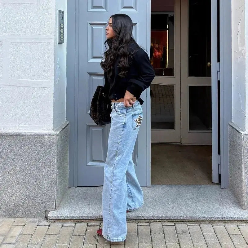 Y2K - pantalones vaqueros negros Retro para mujer, pantalón vaquero informal de moda urbana con bolsillo trasero y estrella rosa, detalle de remache lateral, pierna recta - SYN PERU