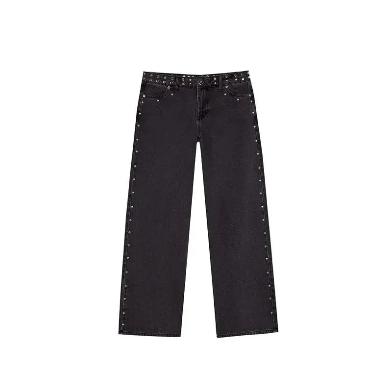 Y2K - pantalones vaqueros negros Retro para mujer, pantalón vaquero informal de moda urbana con bolsillo trasero y estrella rosa, detalle de remache lateral, pierna recta - SYN PERU