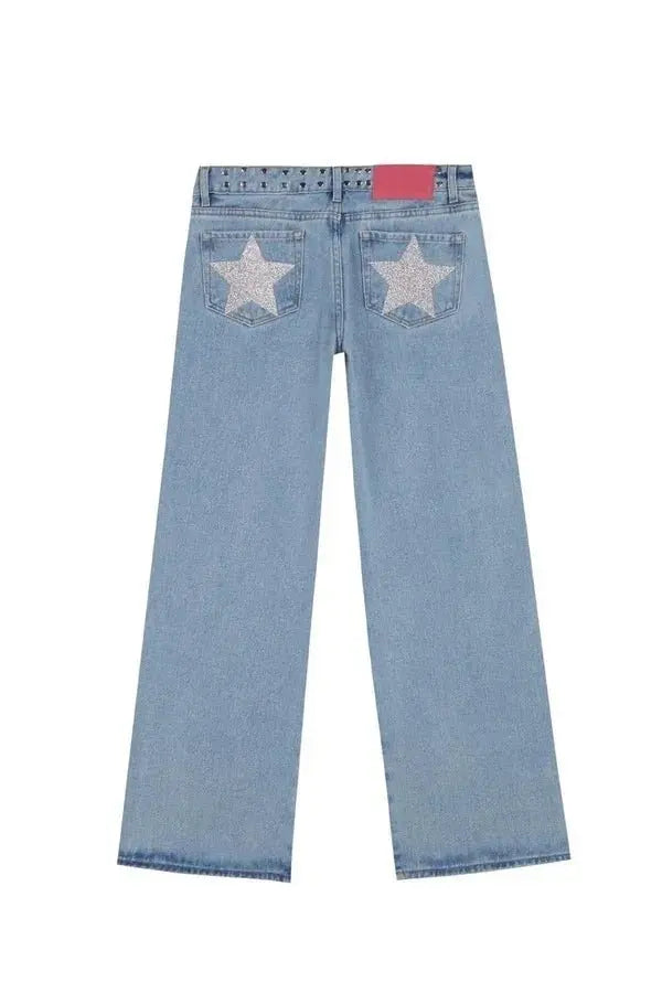 Y2K - pantalones vaqueros negros Retro para mujer, pantalón vaquero informal de moda urbana con bolsillo trasero y estrella rosa, detalle de remache lateral, pierna recta - SYN PERU