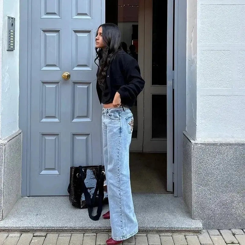 Y2K - pantalones vaqueros negros Retro para mujer, pantalón vaquero informal de moda urbana con bolsillo trasero y estrella rosa, detalle de remache lateral, pierna recta - SYN PERU