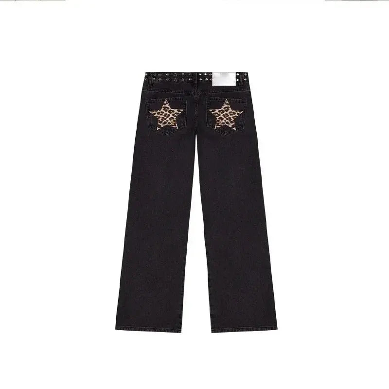 Y2K - pantalones vaqueros negros Retro para mujer, pantalón vaquero informal de moda urbana con bolsillo trasero y estrella rosa, detalle de remache lateral, pierna recta - SYN PERU