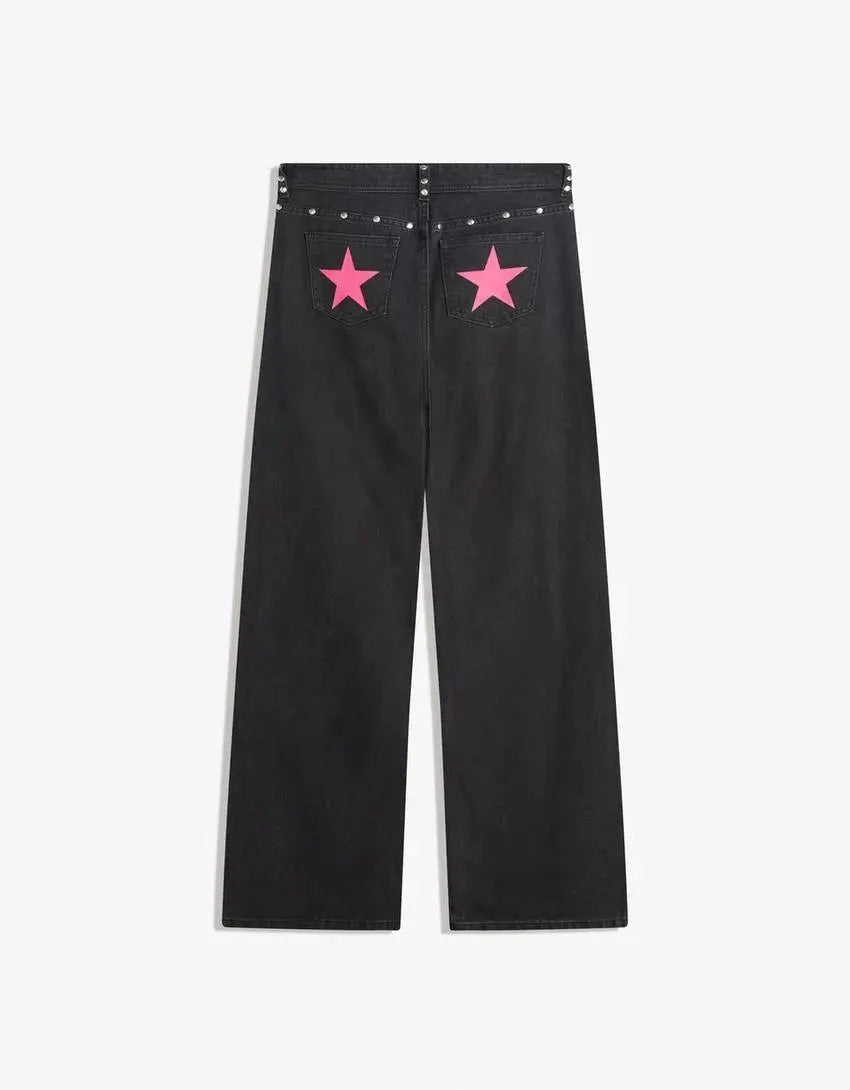 Y2K - pantalones vaqueros negros Retro para mujer, pantalón vaquero informal de moda urbana con bolsillo trasero y estrella rosa, detalle de remache lateral, pierna recta - SYN PERU