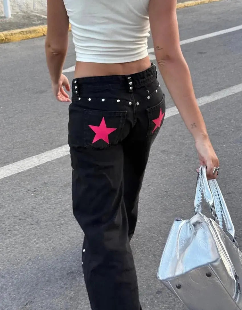 Y2K - pantalones vaqueros negros Retro para mujer, pantalón vaquero informal de moda urbana con bolsillo trasero y estrella rosa, detalle de remache lateral, pierna recta - SYN PERU