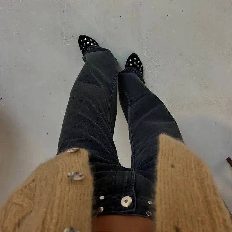 Y2K - pantalones vaqueros negros Retro para mujer, pantalón vaquero informal de moda urbana con bolsillo trasero y estrella rosa, detalle de remache lateral, pierna recta - SYN PERU